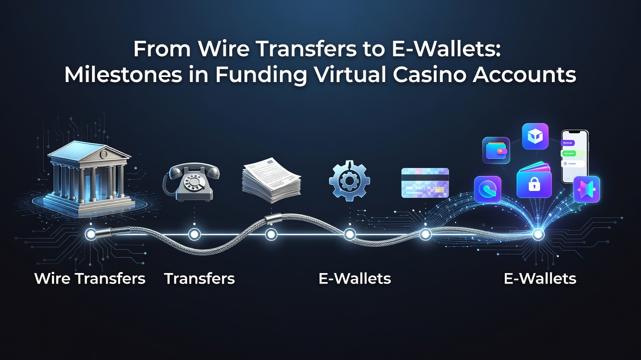 Evolution of casino payment methods showing early wire transfer systems alongside modern digital interfaces