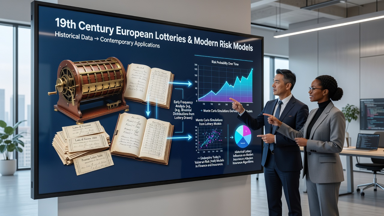 Modern data analysts reviewing probability graphs that connect 19th century lottery statistics to current digital risk models