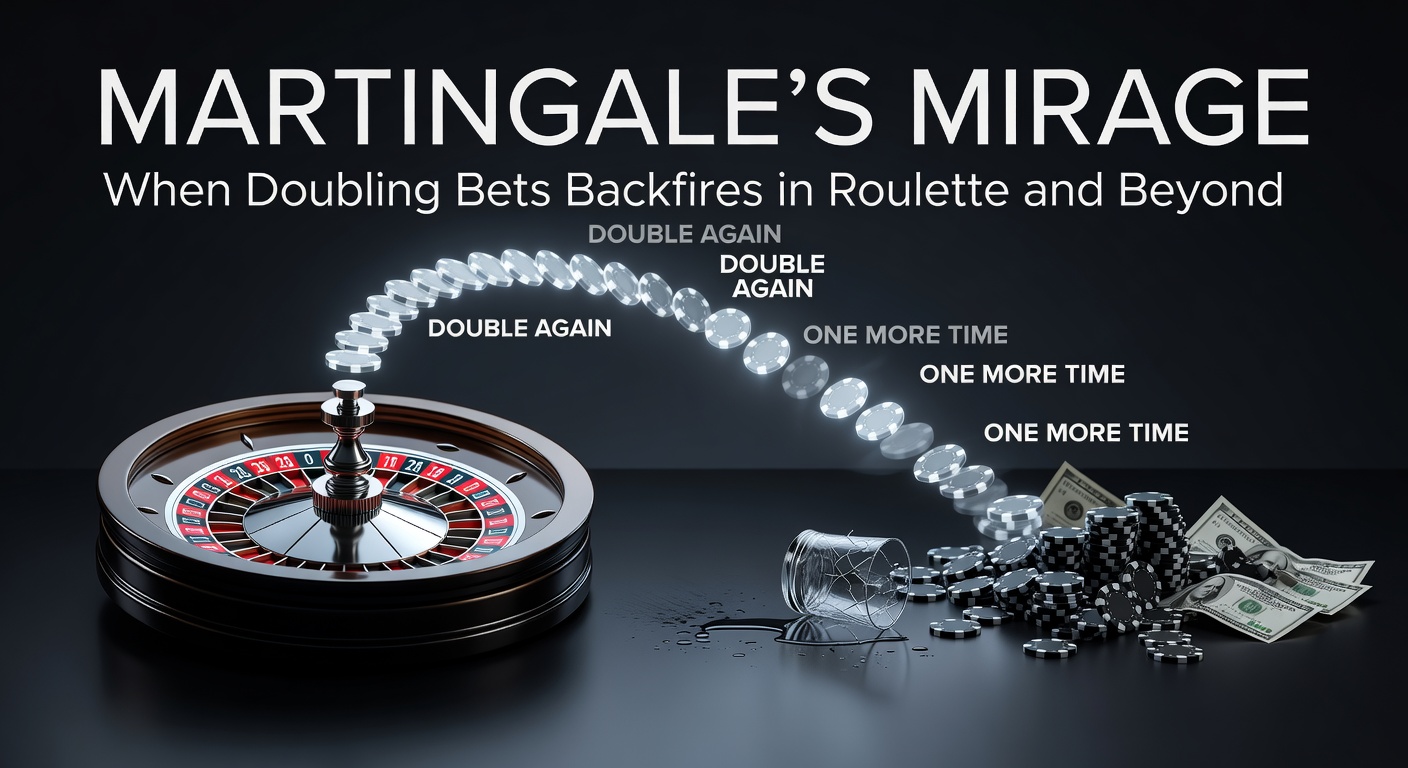 Roulette wheel spinning with a sequence of escalating bet chips illustrating the Martingale progression