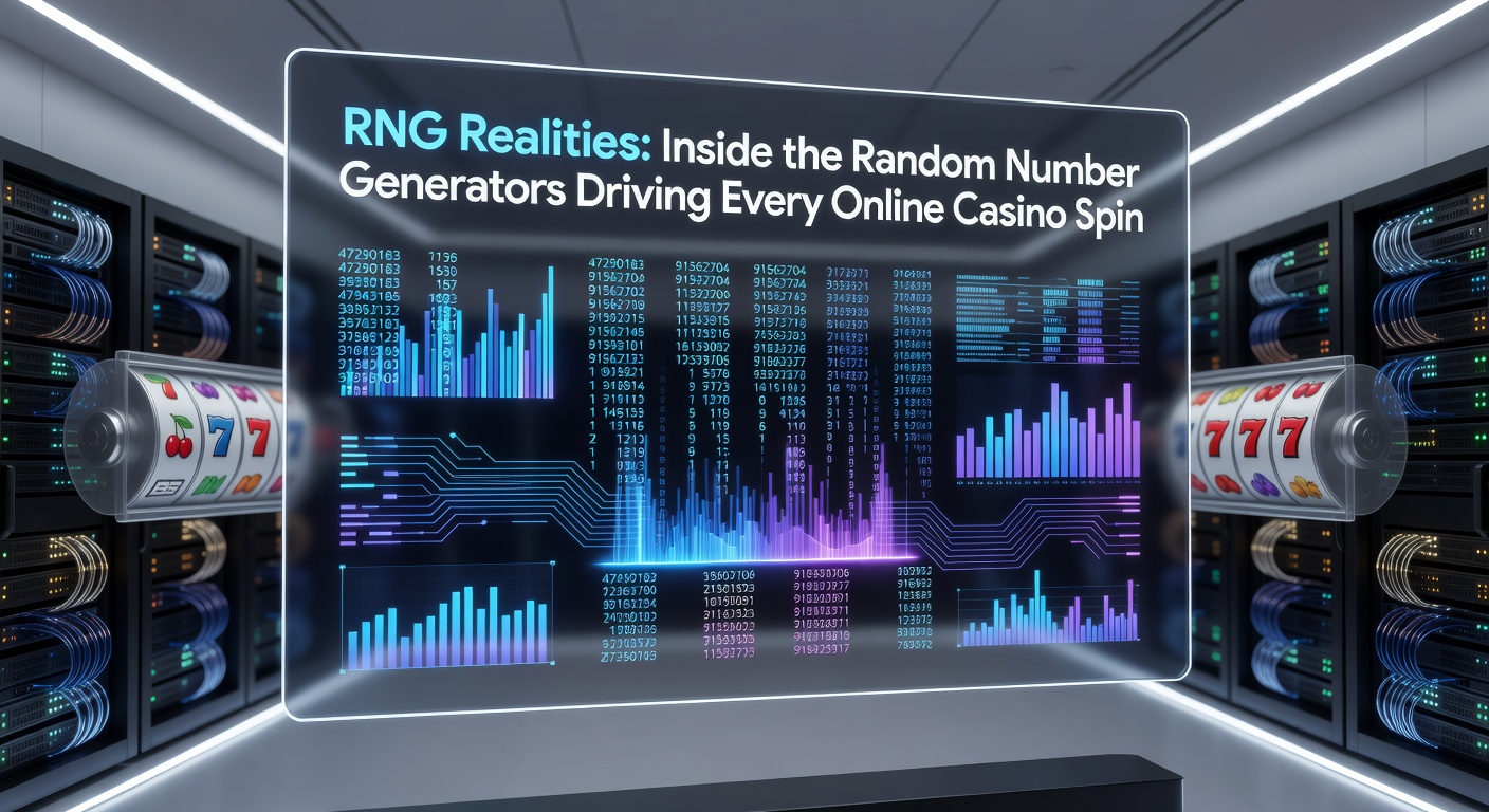 Digital visualization of random number generation algorithms powering casino slots and table games, showing streams of binary code transforming into spinning reels and card deals