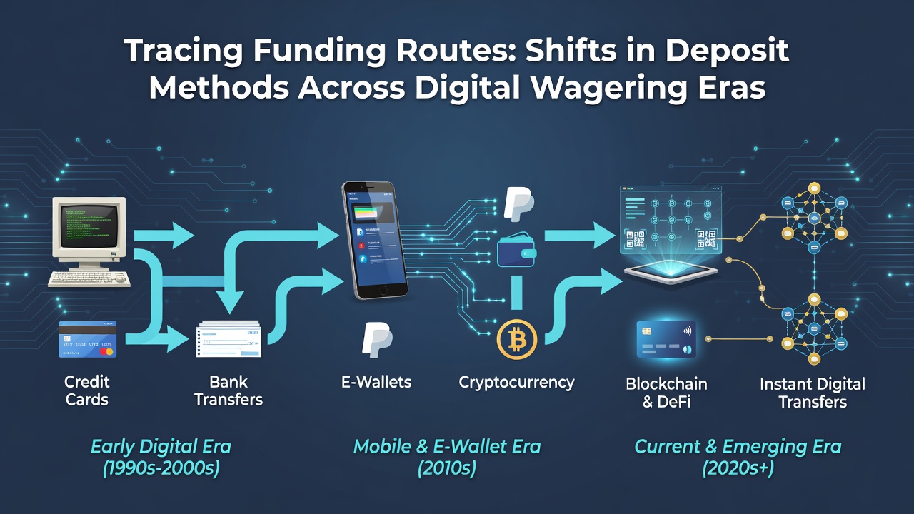 Historical timeline of digital wagering deposit methods from the 1990s to present