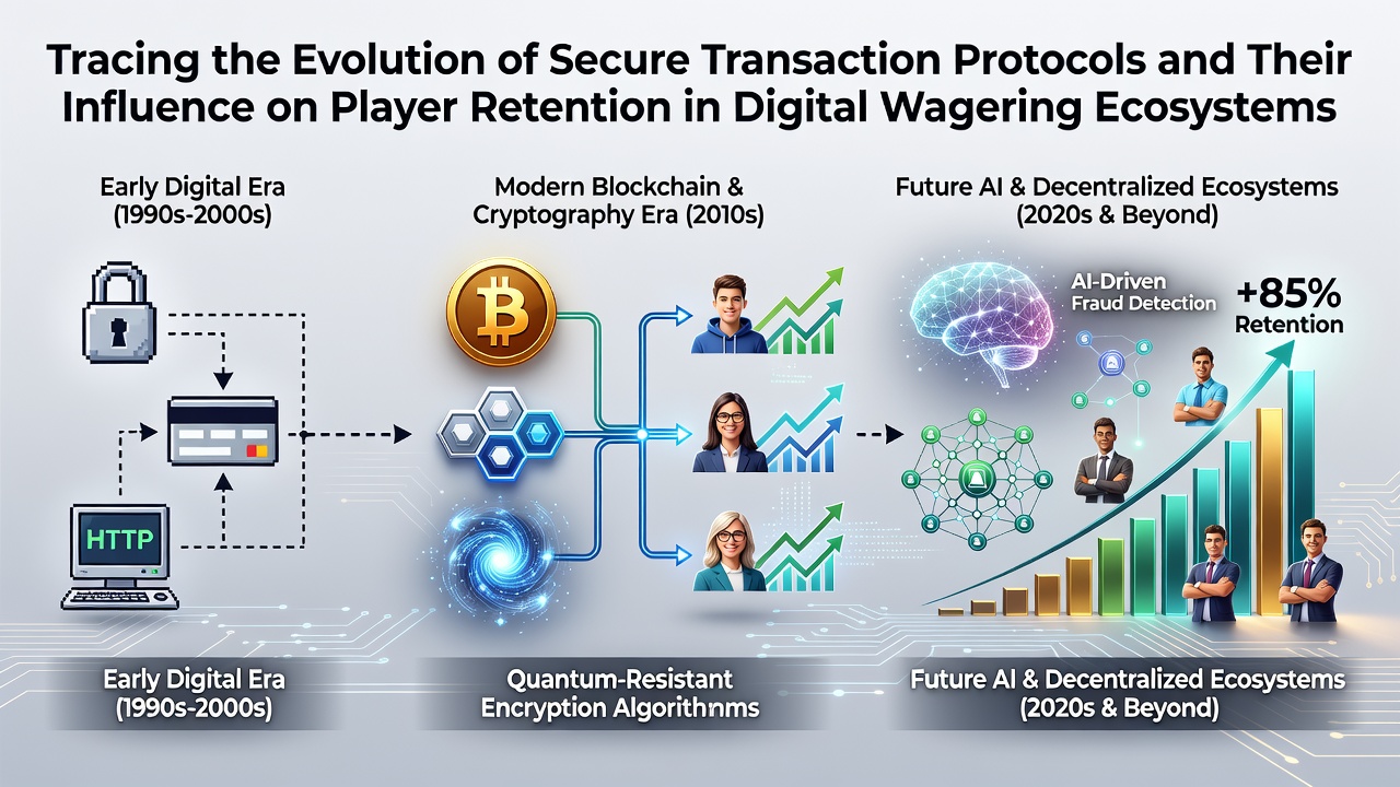 Timeline graphic showing progression of secure transaction protocols from early SSL encryption to modern tokenization and biometric verification in digital wagering platforms