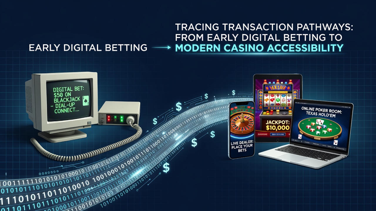 Illustration of early digital betting transaction pathways from the 1990s showing credit card and wire transfer routes